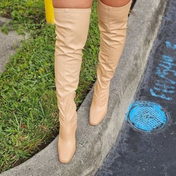 Women's Thigh High Over the Knee Boots Chunky Heel Nude Color - Picture 2 of 7